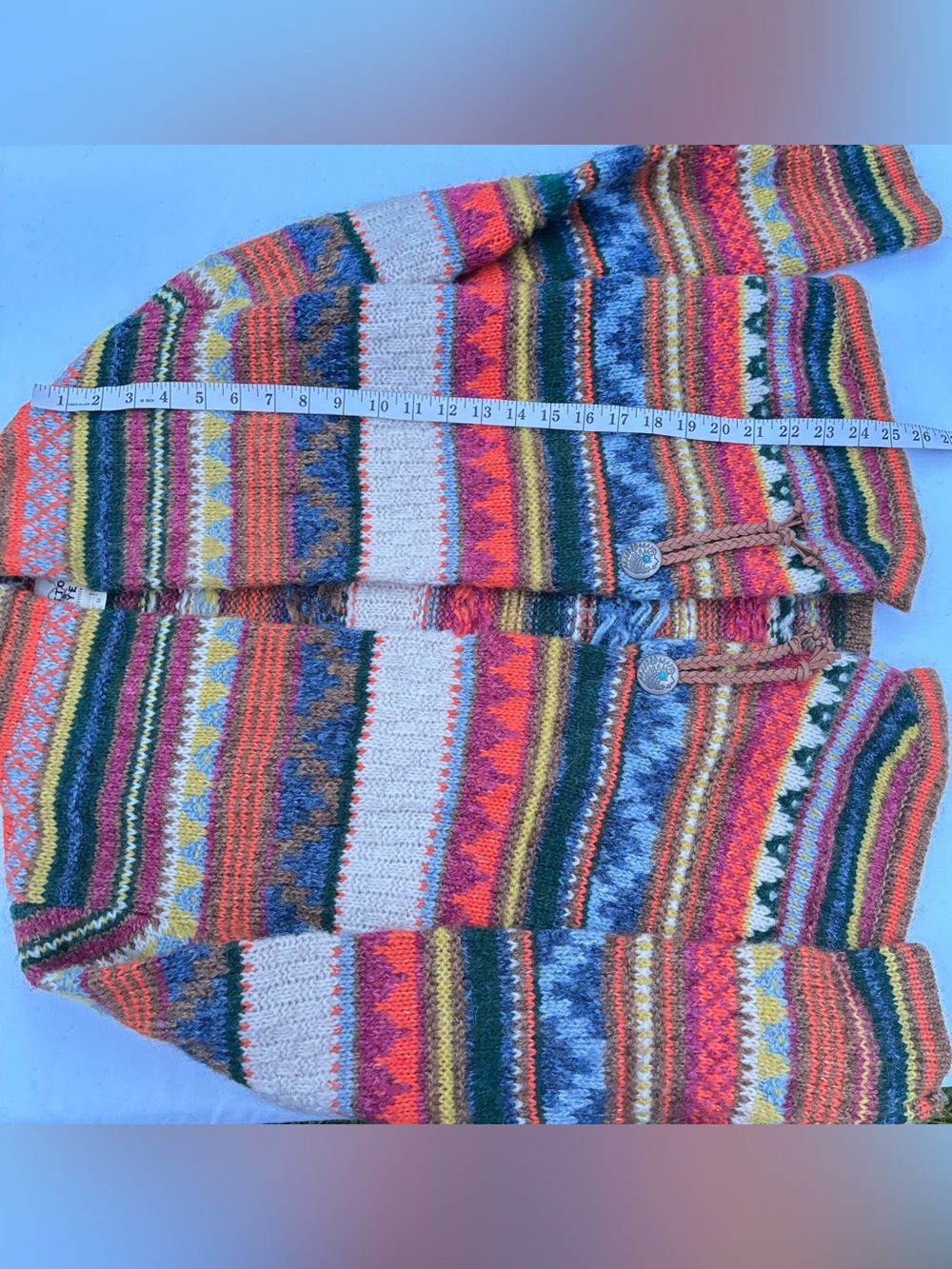 Fair Isle Womens Chunky Cardigan Sweater M Boho Indie Southwestern Concho Tassel - Picture 13 of 16